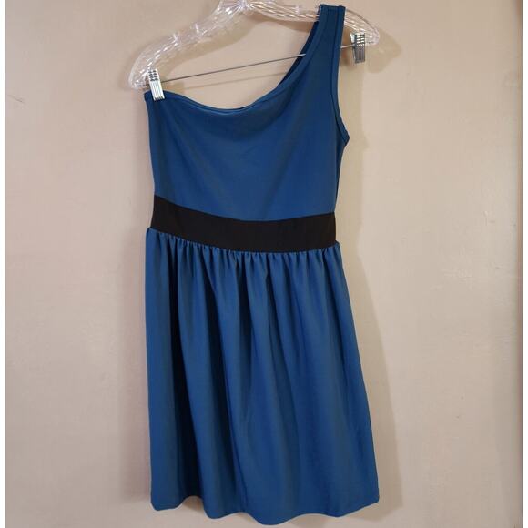 Bebop Womens One Shoulder Dress Size M Blue High Waist Pleated Stretch - Picture 3 of 10